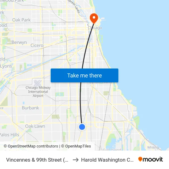Vincennes & 99th Street (South) to Harold Washington College map