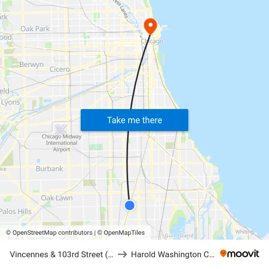 Vincennes & 103rd Street (South) to Harold Washington College map