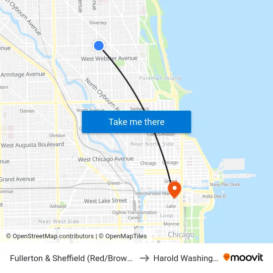 Fullerton & Sheffield (Red/Brown/Purple Line) (East) to Harold Washington College map