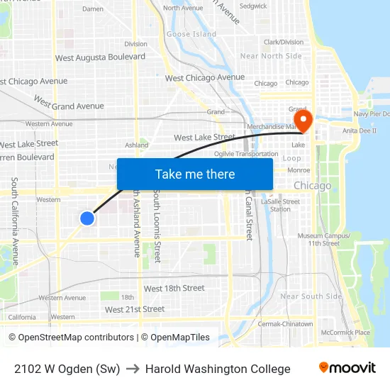 2102 W Ogden (Sw) to Harold Washington College map