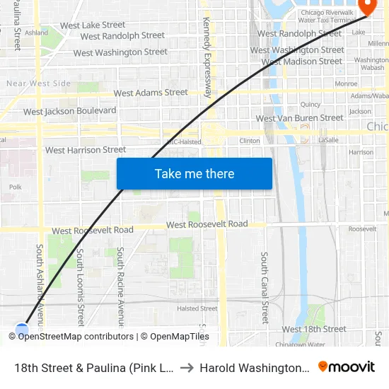 18th Street & Paulina (Pink Line) (East) to Harold Washington College map