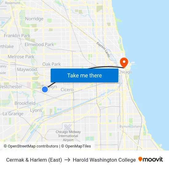 Cermak & Harlem (East) to Harold Washington College map