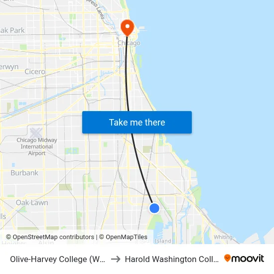 Olive-Harvey College (West) to Harold Washington College map