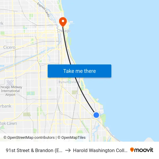 91st Street & Brandon (East) to Harold Washington College map