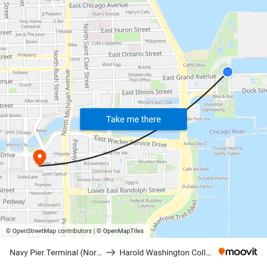 Navy Pier Terminal (North) to Harold Washington College map