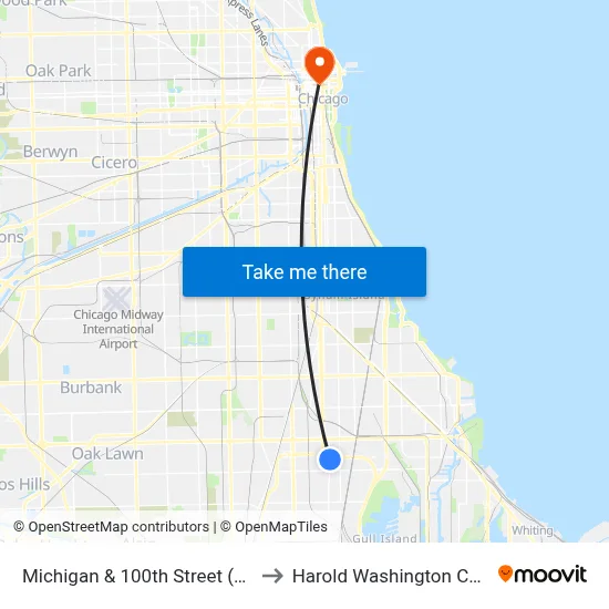 Michigan & 100th Street (North) to Harold Washington College map