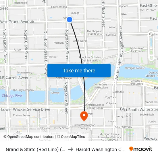 Grand & State (Red Line) (West) to Harold Washington College map
