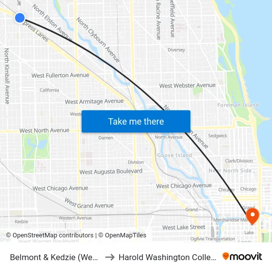 Belmont & Kedzie (West) to Harold Washington College map