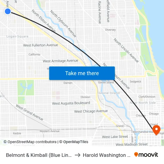 Belmont & Kimball (Blue Line) (West) to Harold Washington College map