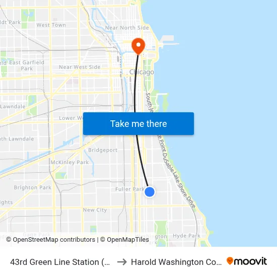 43rd Green Line Station (West) to Harold Washington College map