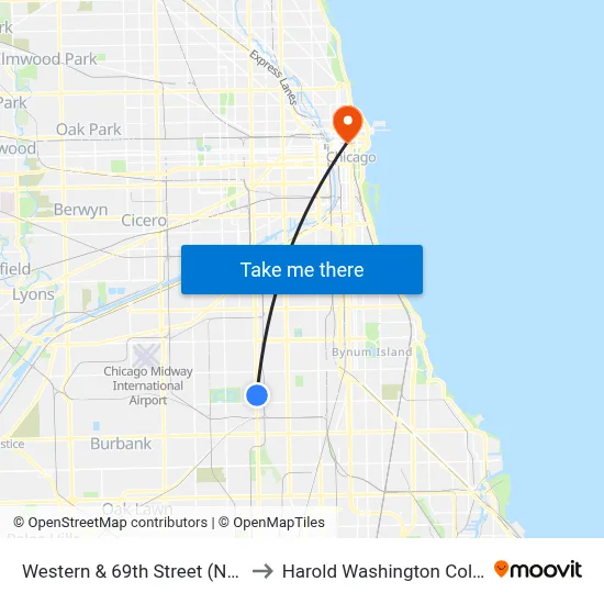 Western & 69th Street (North) to Harold Washington College map