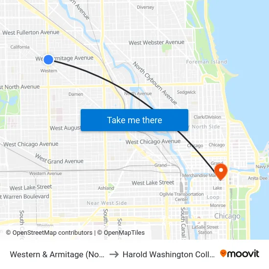 Western & Armitage (North) to Harold Washington College map