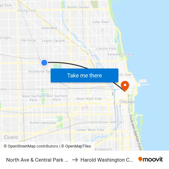 North Ave & Central Park (East) to Harold Washington College map