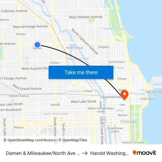 Damen & Milwaukee/North Ave (Blue Line) (North) to Harold Washington College map