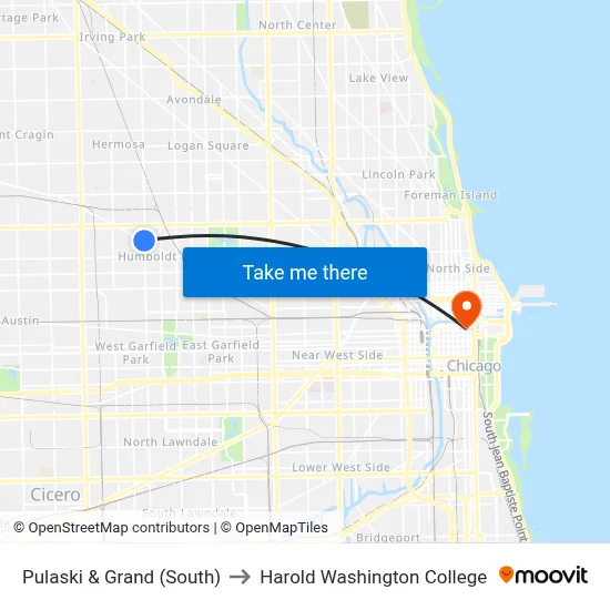 Pulaski & Grand (South) to Harold Washington College map