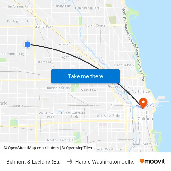 Belmont & Leclaire (East) to Harold Washington College map