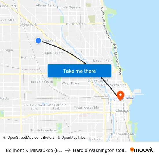 Belmont & Milwaukee (East) to Harold Washington College map
