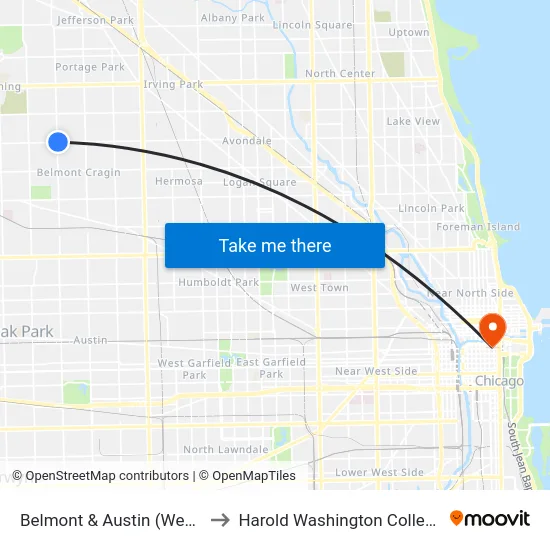 Belmont & Austin (West) to Harold Washington College map