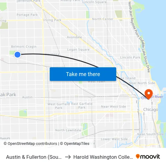 Austin & Fullerton (South) to Harold Washington College map