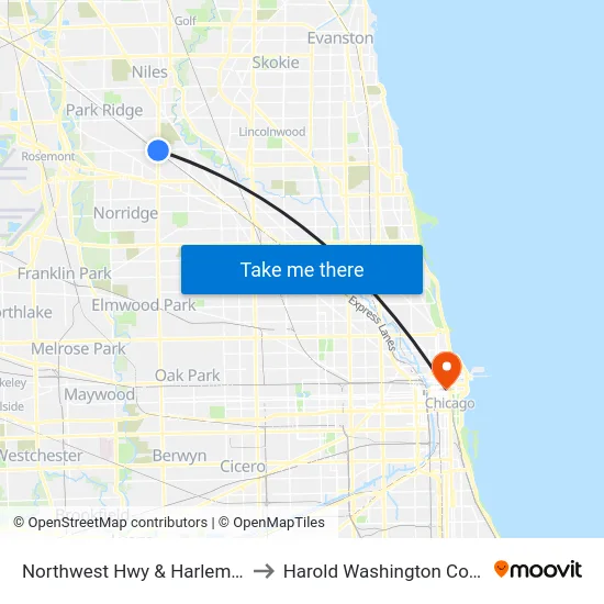 Northwest Hwy & Harlem (Se) to Harold Washington College map