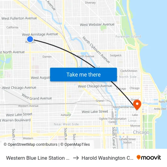 Western Blue Line Station (North) to Harold Washington College map