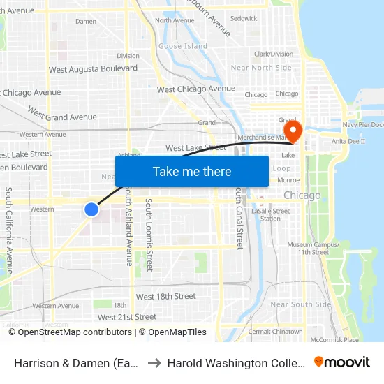 Harrison & Damen (East) to Harold Washington College map