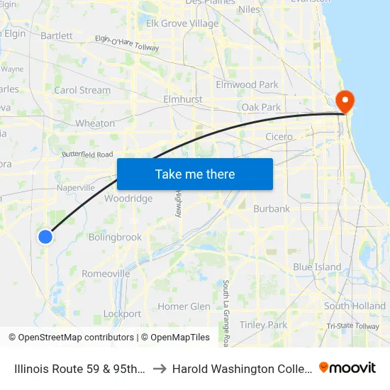 Illinois Route 59 & 95th St to Harold Washington College map