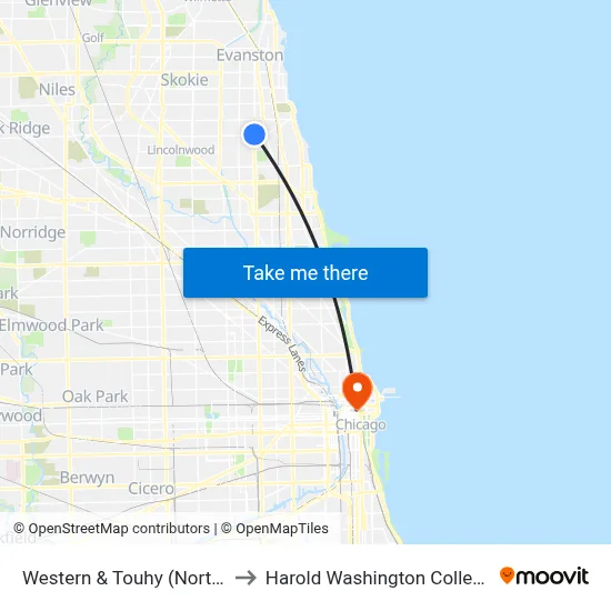 Western & Touhy (North) to Harold Washington College map