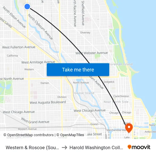 Western & Roscoe (South) to Harold Washington College map