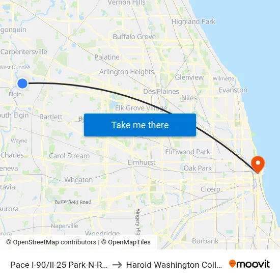 Pace I-90/Il-25 Park-N-Ride to Harold Washington College map