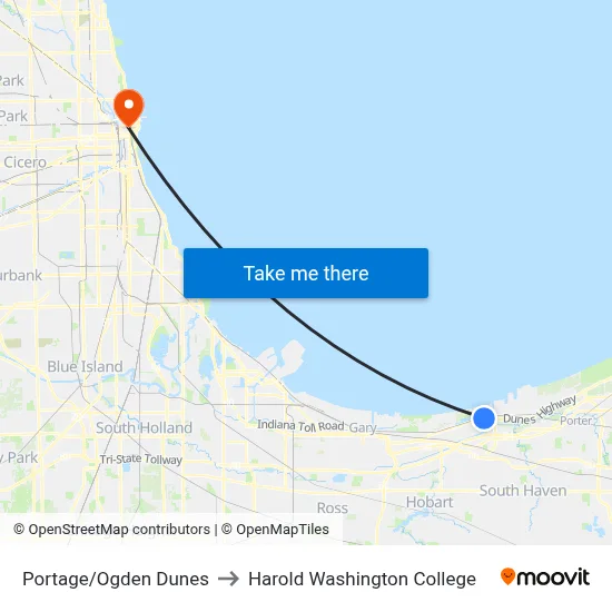 Portage/Ogden Dunes to Harold Washington College map