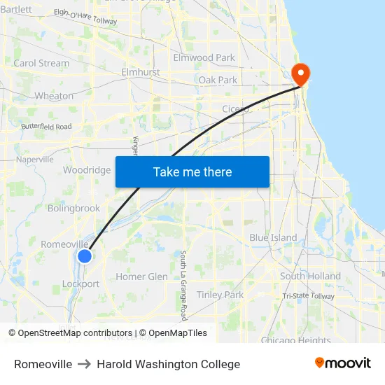 Romeoville to Harold Washington College map