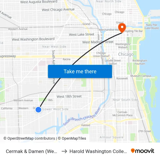 Cermak & Damen (West) to Harold Washington College map