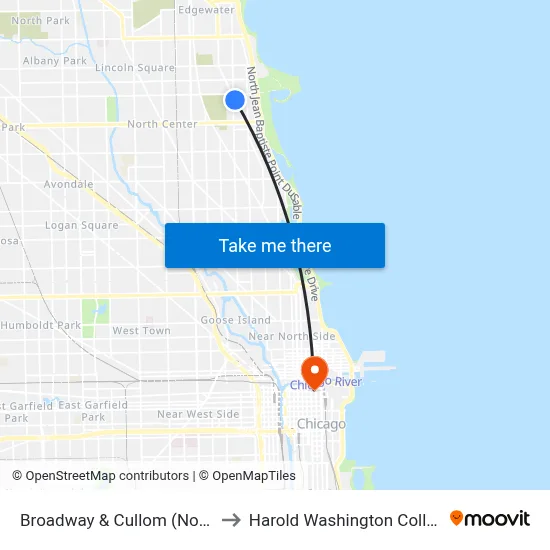 Broadway & Cullom (North) to Harold Washington College map