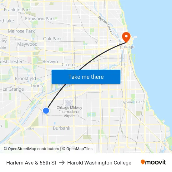 Harlem Ave & 65th St to Harold Washington College map