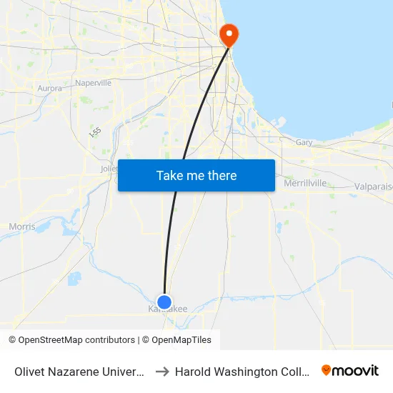 Olivet Nazarene University to Harold Washington College map