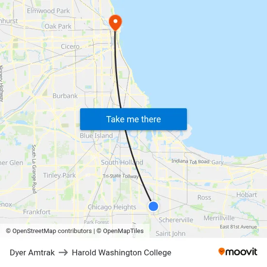Dyer Amtrak to Harold Washington College map