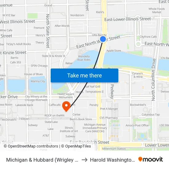 Michigan & Hubbard (Wrigley Bldg.) (South) to Harold Washington College map