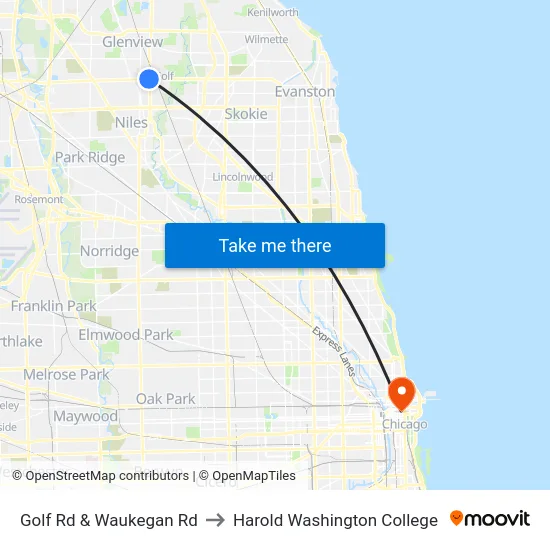 Golf Rd & Waukegan Rd to Harold Washington College map
