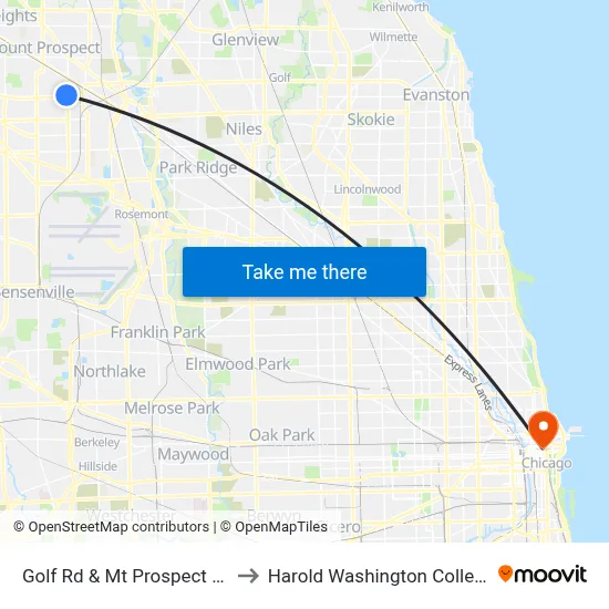 Golf Rd & Mt Prospect Rd to Harold Washington College map