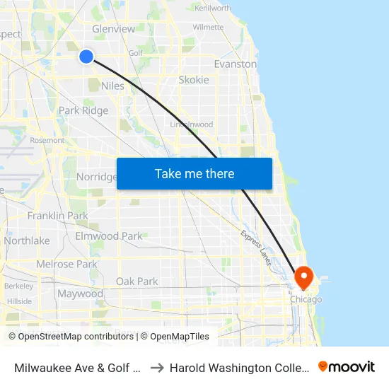 Milwaukee Ave & Golf Rd to Harold Washington College map