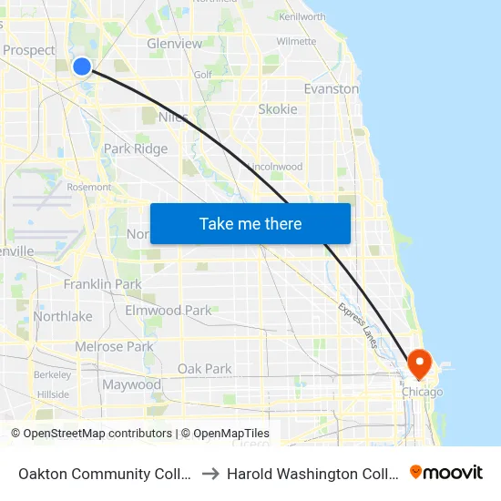 Oakton Community College to Harold Washington College map