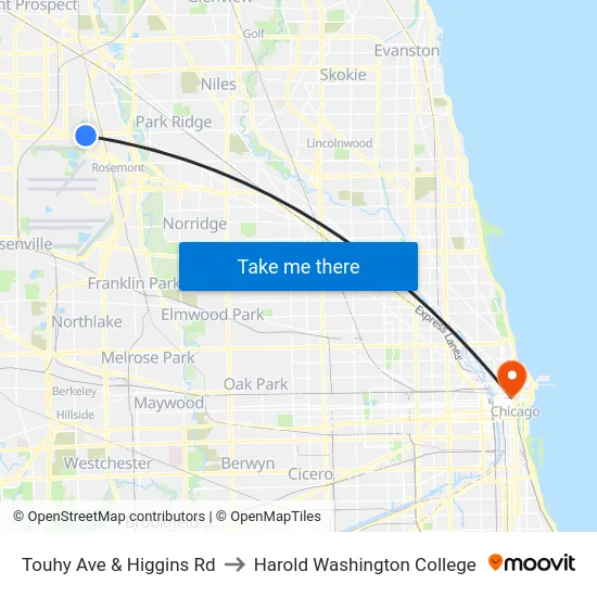 Touhy Ave & Higgins Rd to Harold Washington College map