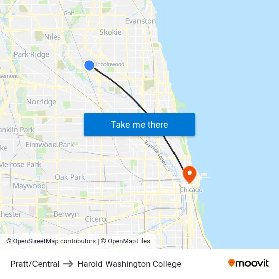 Pratt/Central to Harold Washington College map