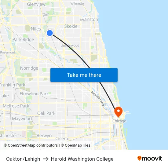 Oakton/Lehigh to Harold Washington College map