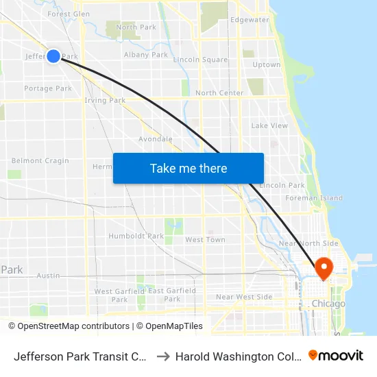 Jefferson Park Transit Center to Harold Washington College map