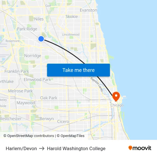 Harlem/Devon to Harold Washington College map