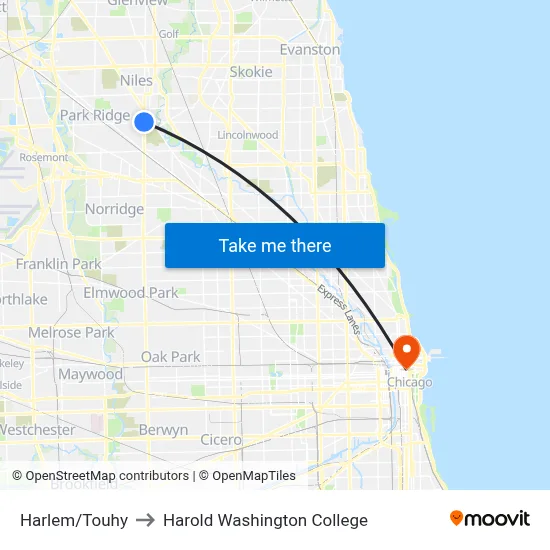 Harlem/Touhy to Harold Washington College map