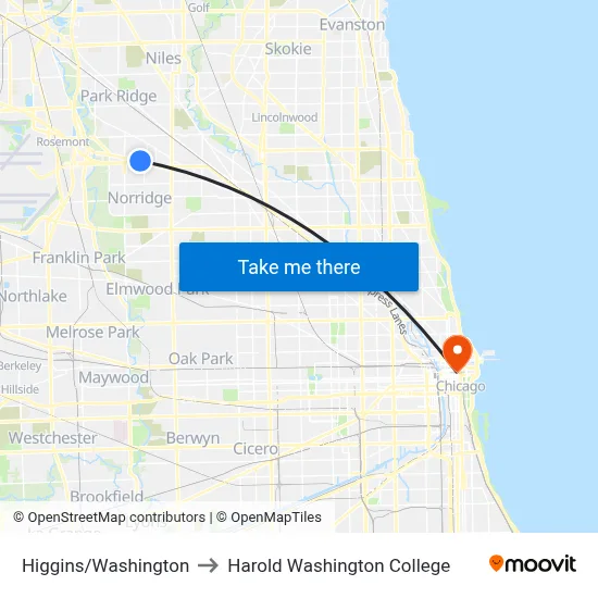 Higgins/Washington to Harold Washington College map