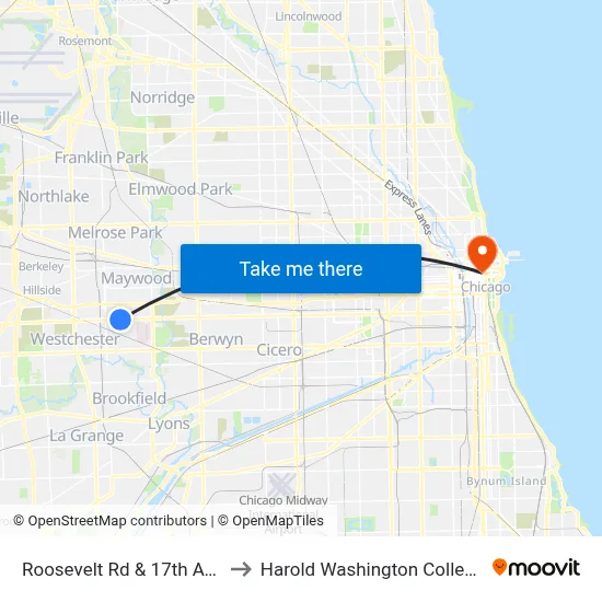 Roosevelt Rd & 17th Ave to Harold Washington College map